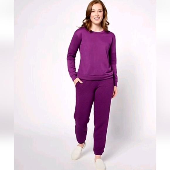 Muk Luks Pants - MUK LUKS Quilted French Terry Jogger w/ Crew Lounge Set Wine Large A612525